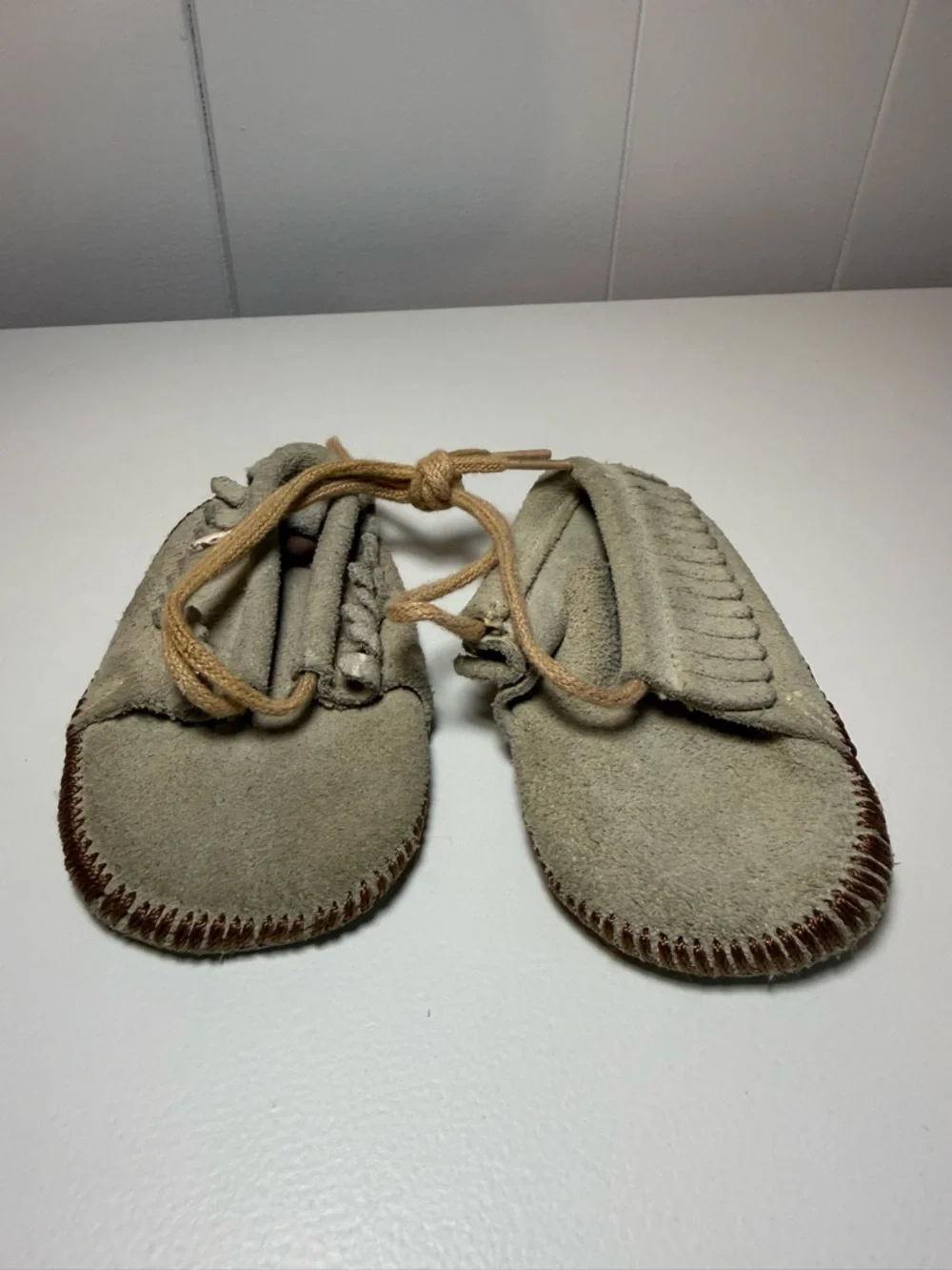 Vintage Baby Soft Suede Fringe Moccasins in Light Beige